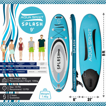 Aqua Spirit Splash Inflatable Stand Up SUP 9’x31”x6” Beginners Paddle Board For Kids/ Small Adults With Accessories, Paddle, Pump, Back Pack, Leash, Repair Kit, 2 Year Warranty - Packed Direct UK